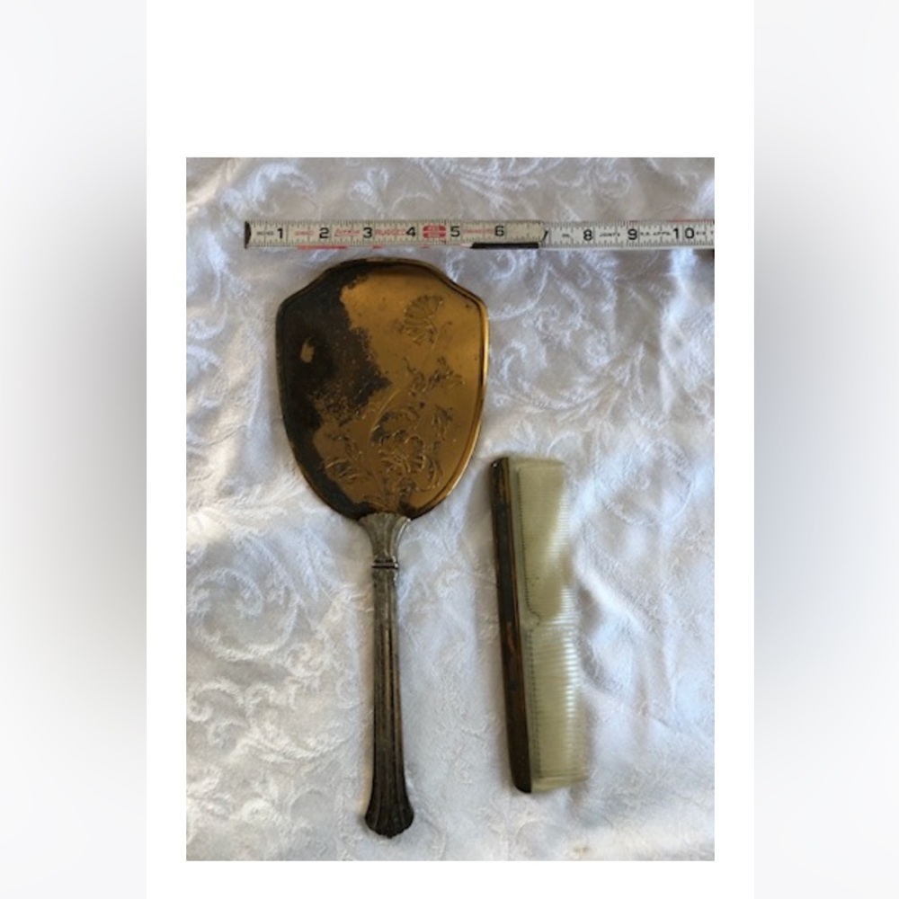 Vintage Handheld Tarnished Mirror GemLite Gold Toned Comb Art Deco Vanitycore